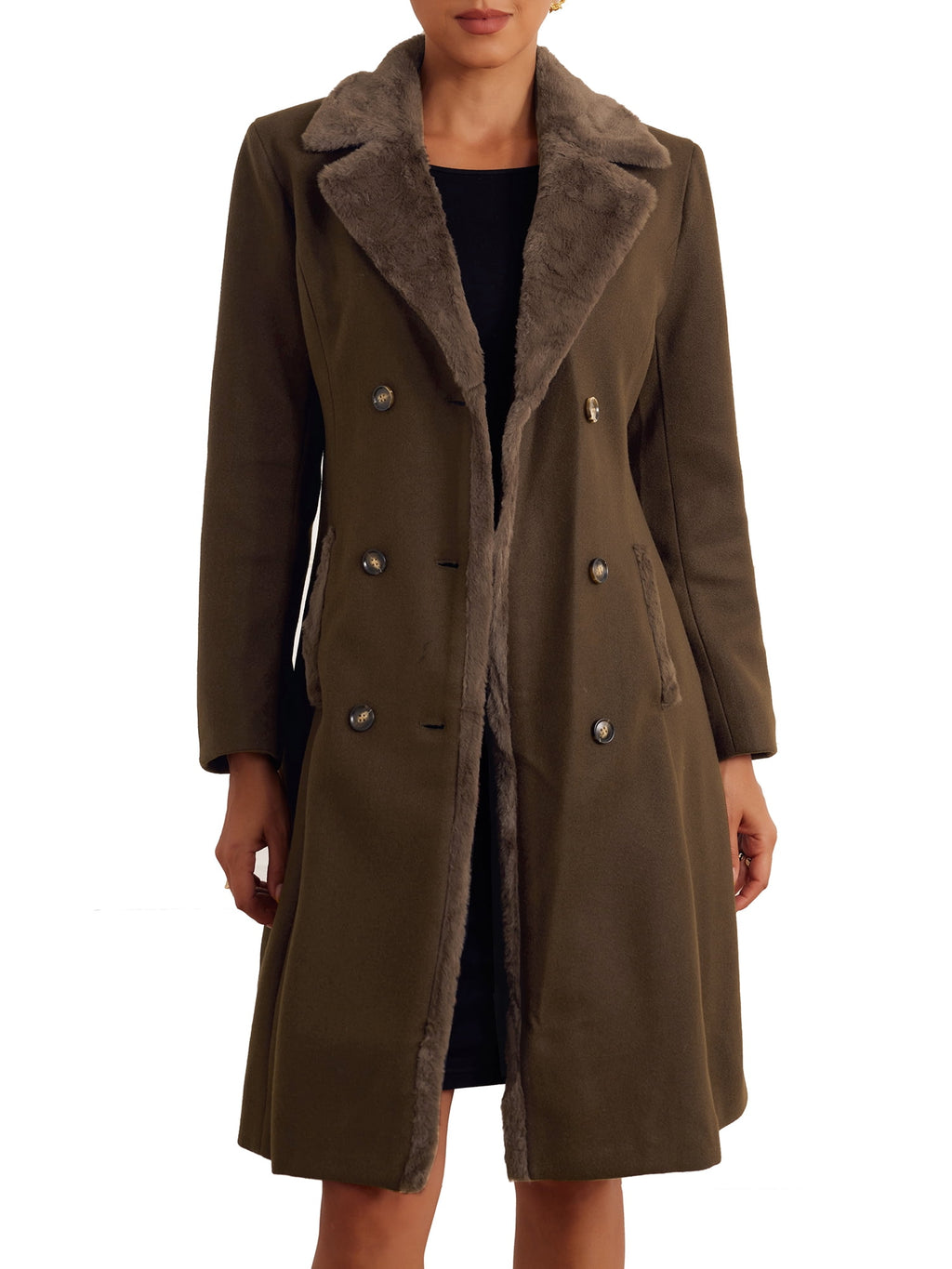 Faux Fur Lapel Coat for Women's Fashion Double-Breasted Winter Warm Coats