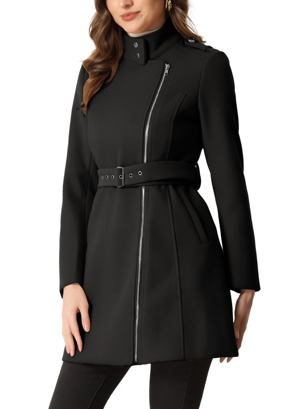 Classic Stand Collar Coat Women's Zippered Windbreaker with Belt