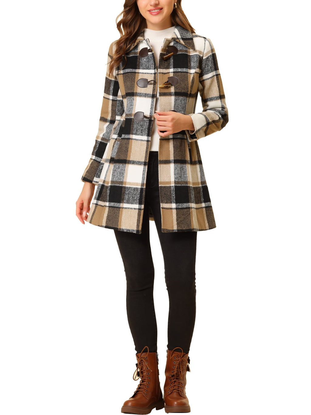 Ladies Lapel Plaid Cowhide Long Coat