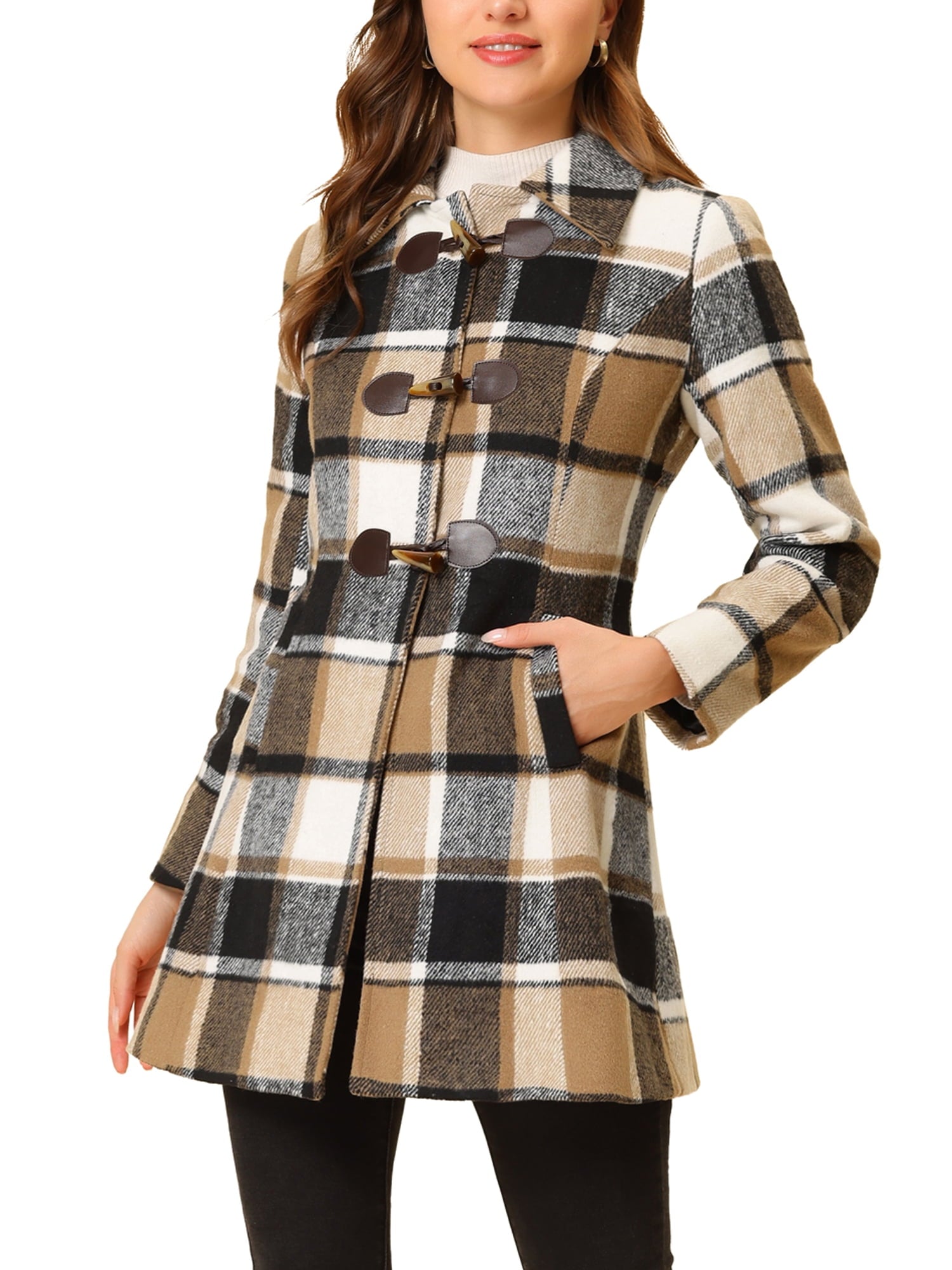 Ladies Lapel Plaid Cowhide Long Coat
