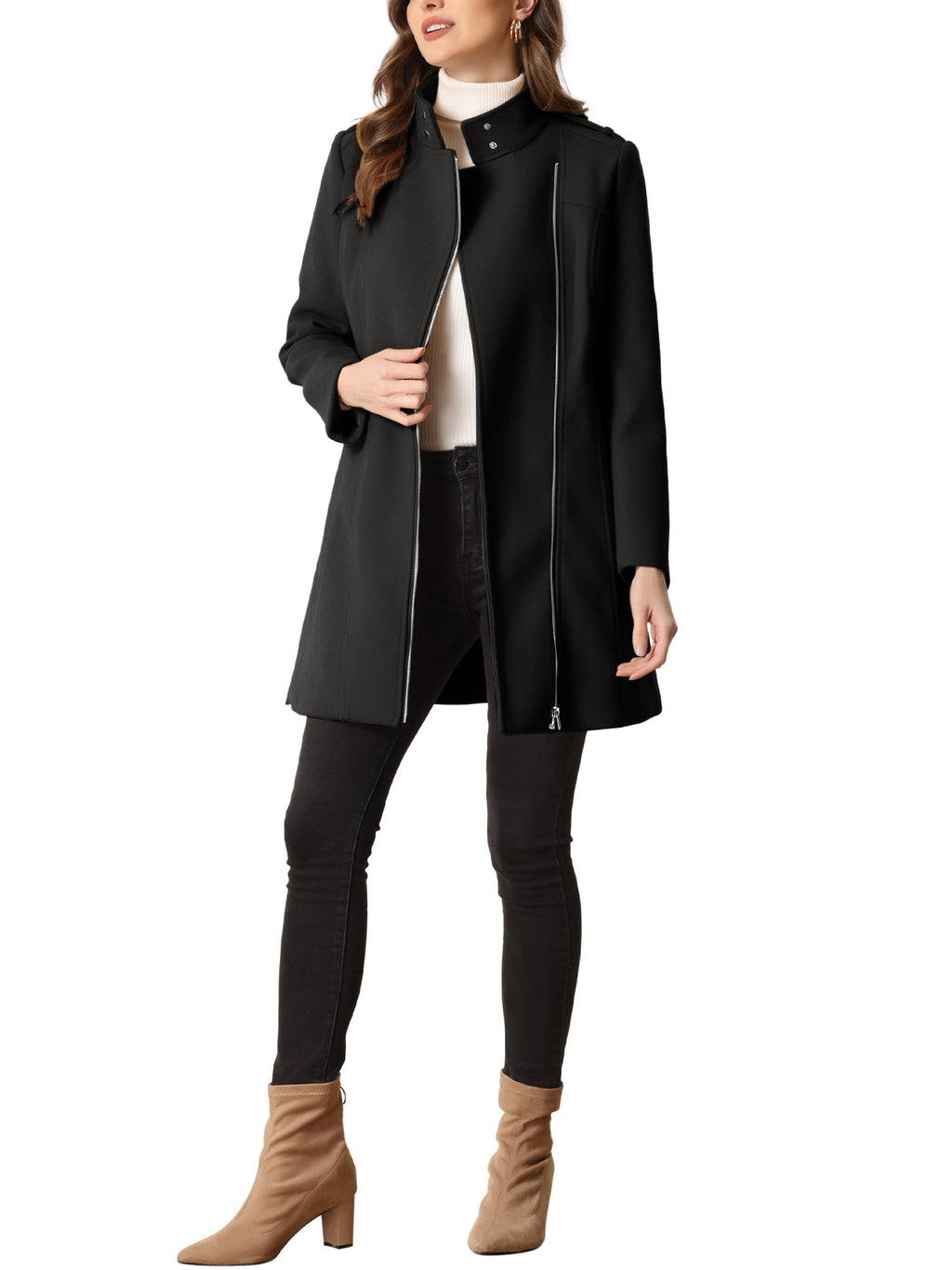 Classic Stand Collar Coat Women's Zippered Windbreaker with Belt