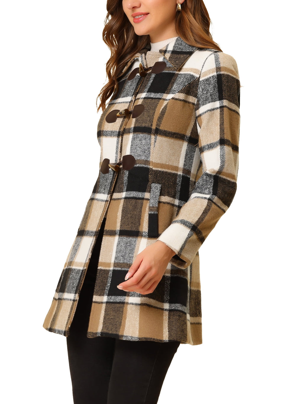 Ladies Lapel Plaid Cowhide Long Coat