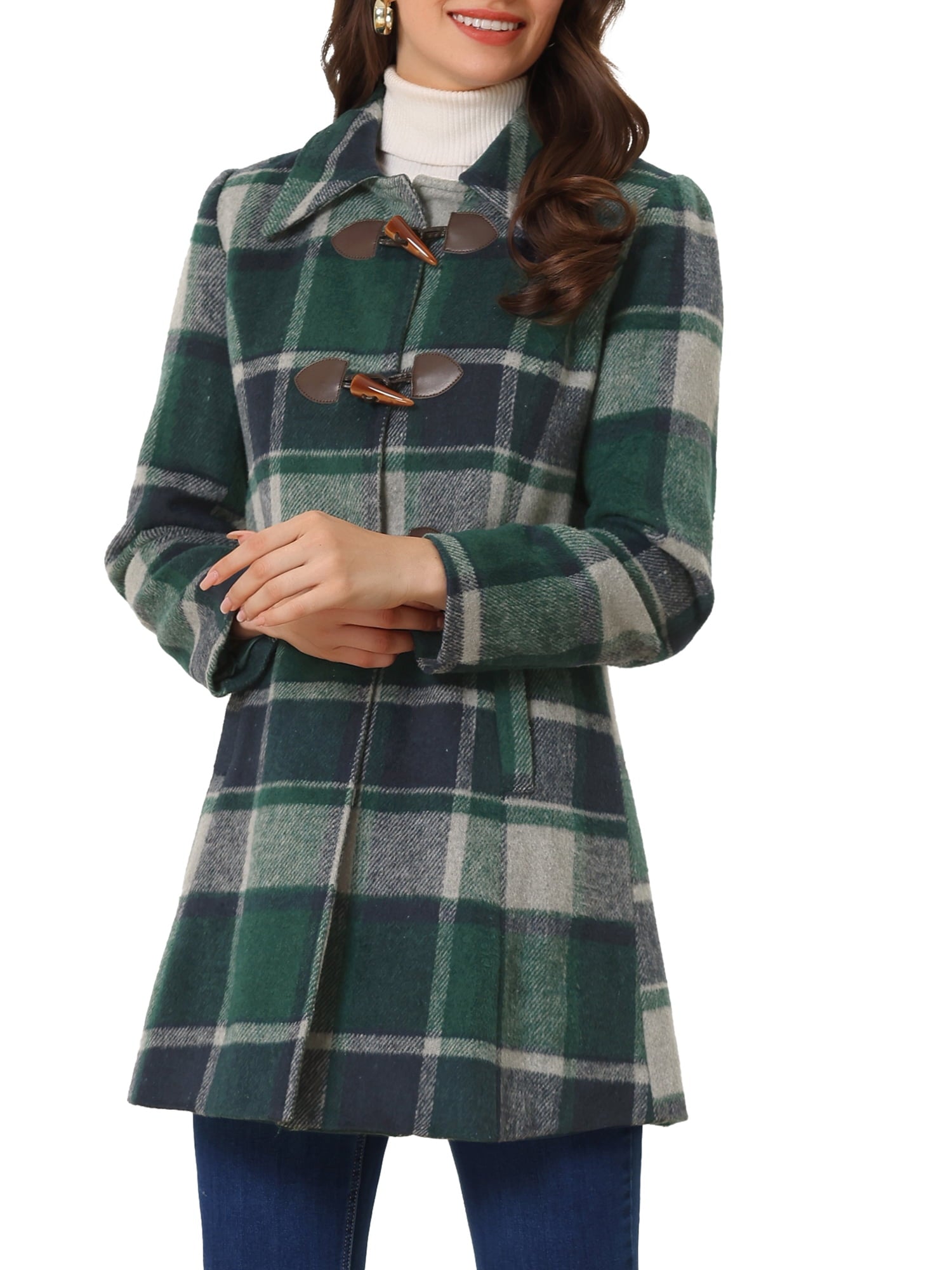 Ladies Lapel Plaid Cowhide Long Coat