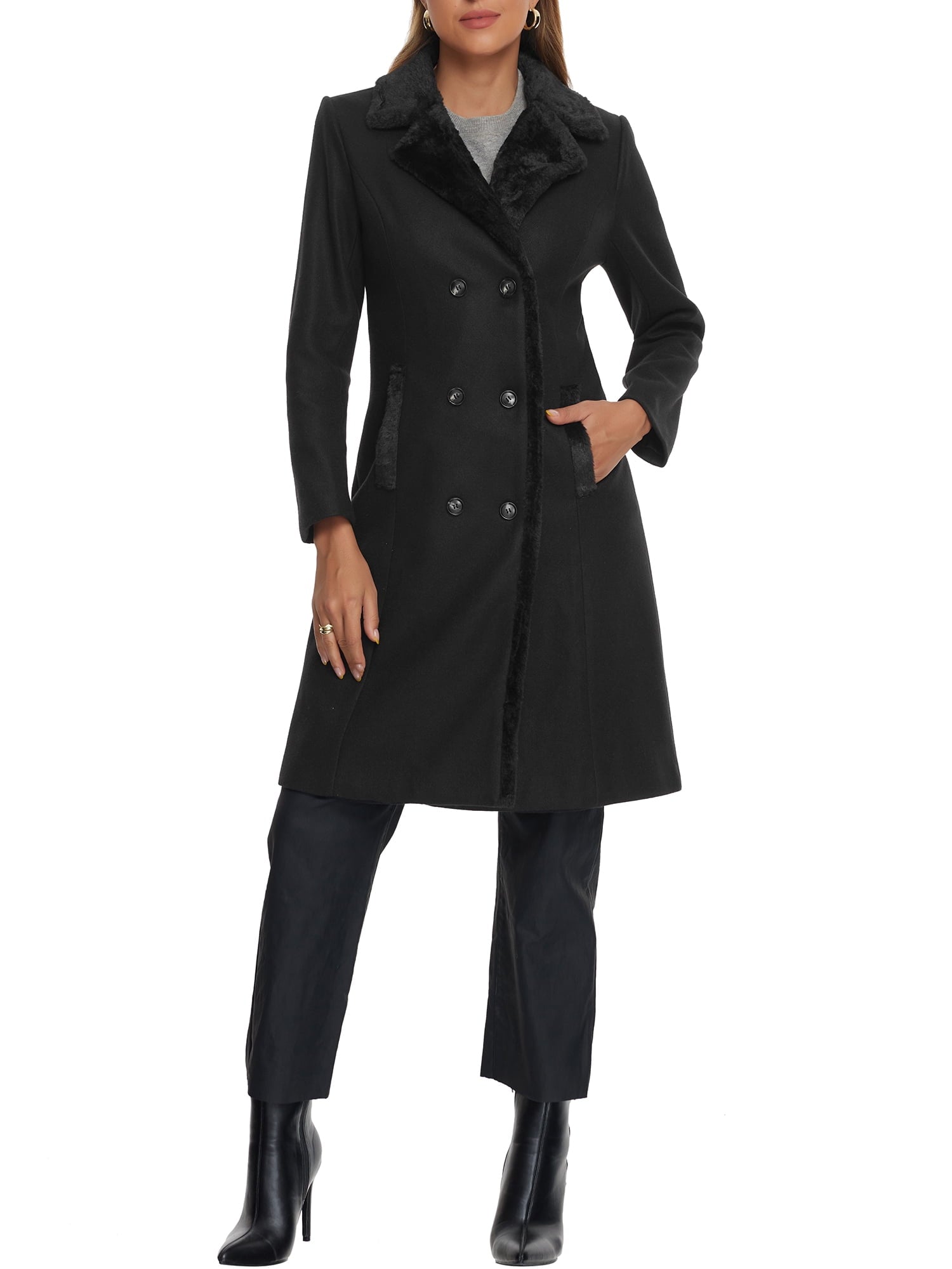 Women's Fashion Faux Fur Lapel Coat Double Breasted Winter Warm Coat