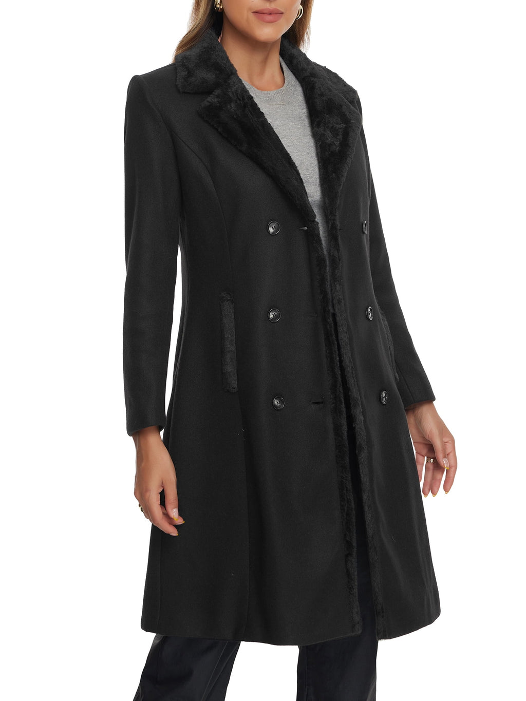 Women's Fashion Faux Fur Lapel Coat Double Breasted Winter Warm Coat