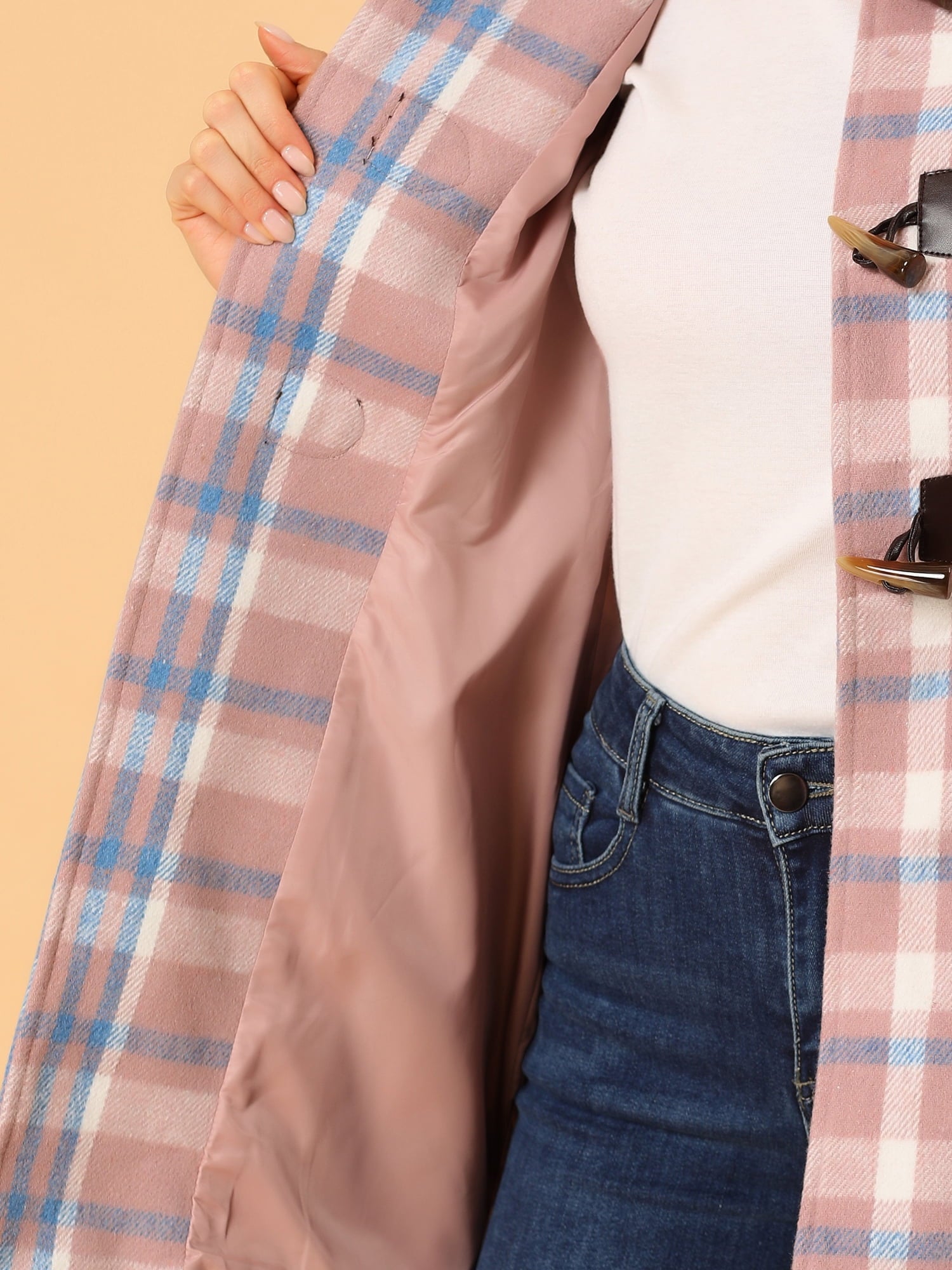 Ladies Lapel Plaid Cowhide Long Coat