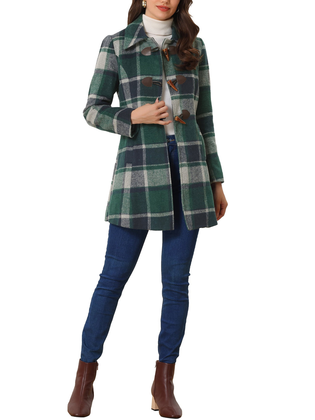 Ladies Lapel Plaid Cowhide Long Coat