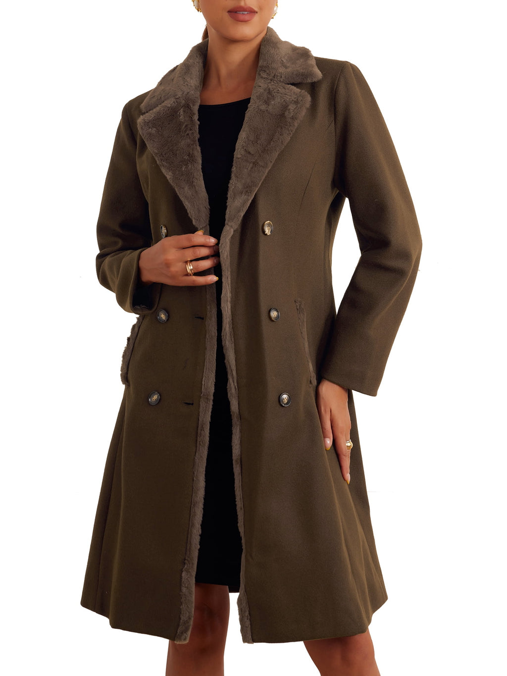 Faux Fur Lapel Coat for Women's Fashion Double-Breasted Winter Warm Coats