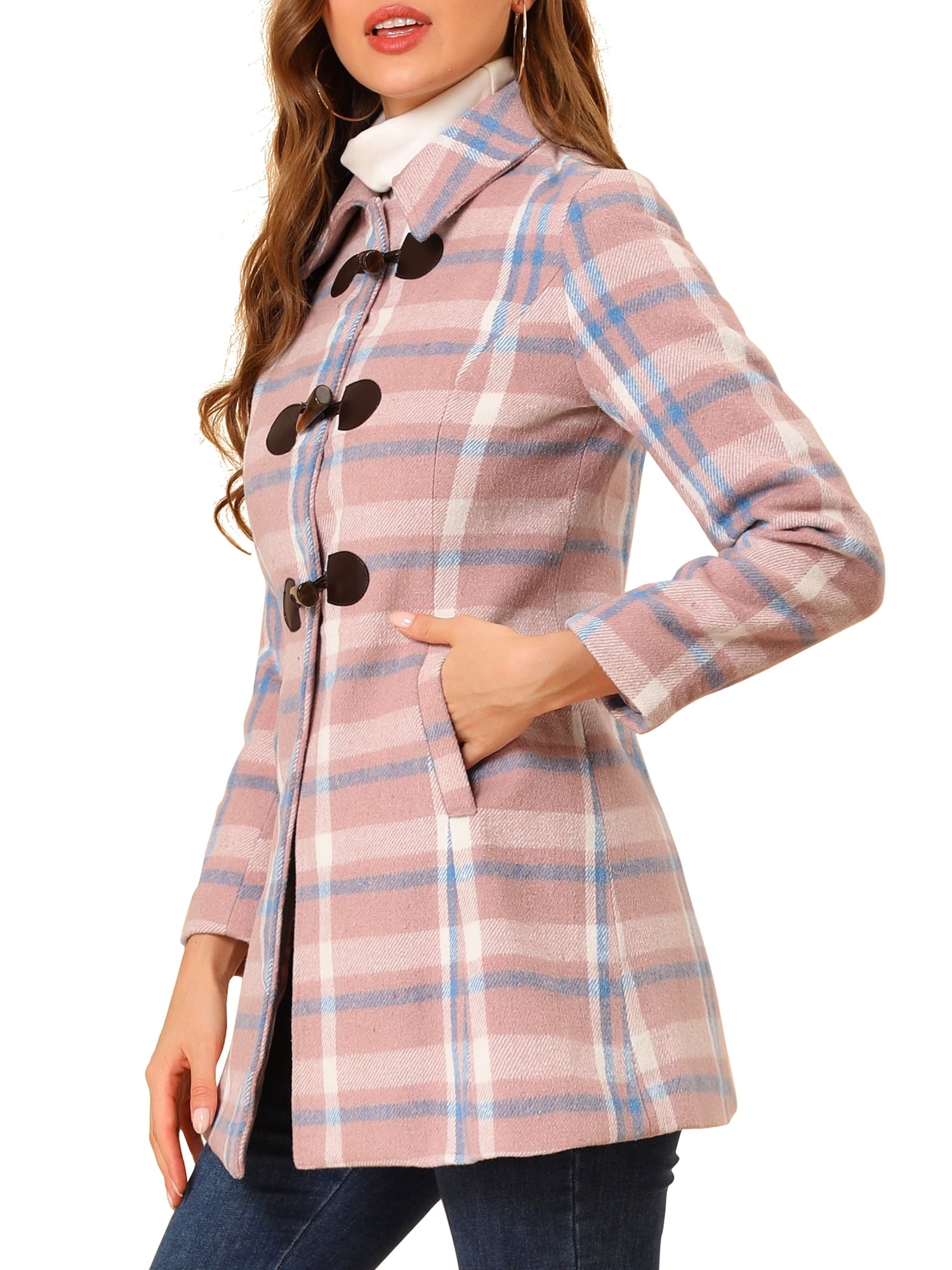 Ladies Lapel Plaid Cowhide Long Coat