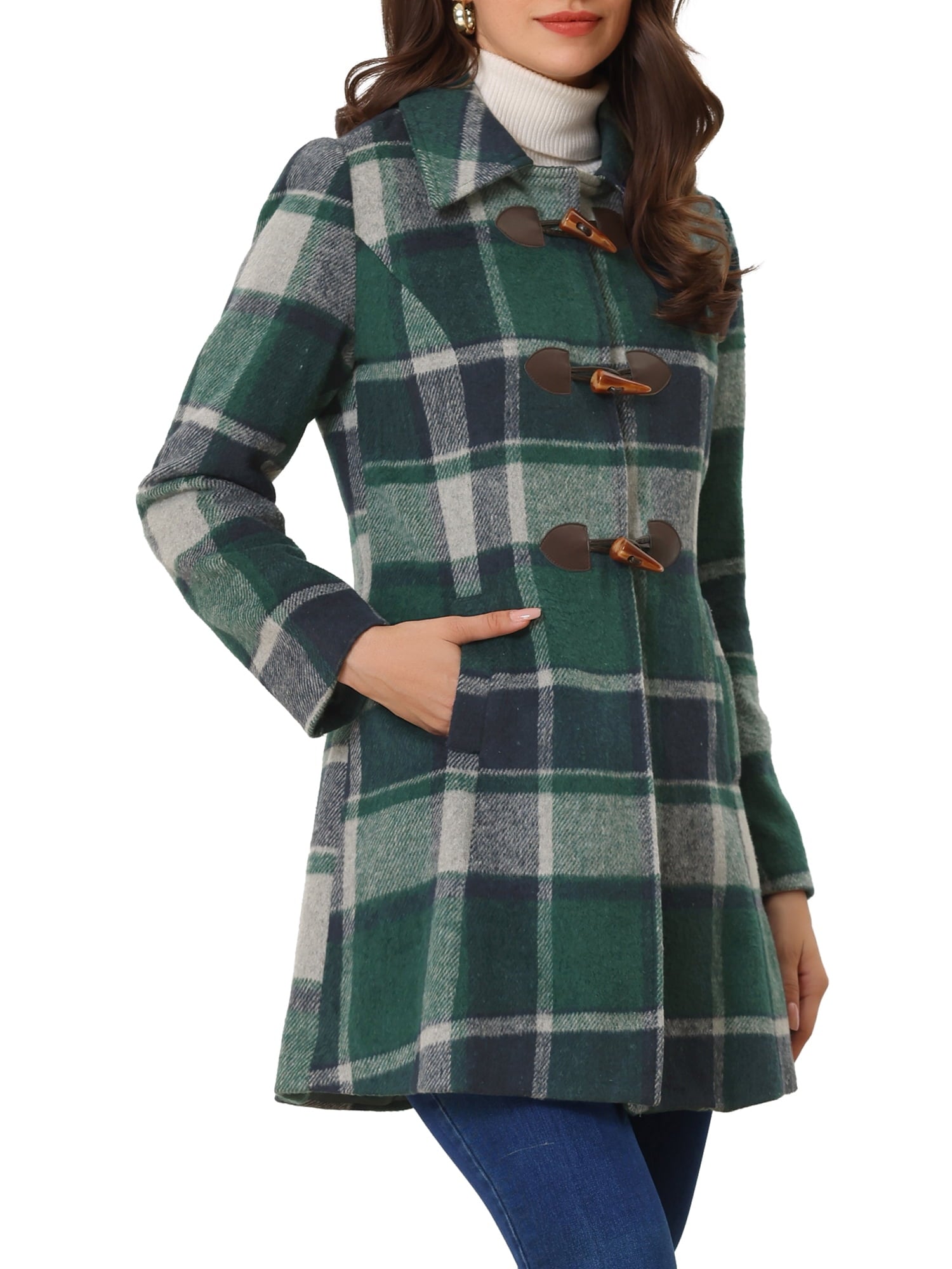 Ladies Lapel Plaid Cowhide Long Coat