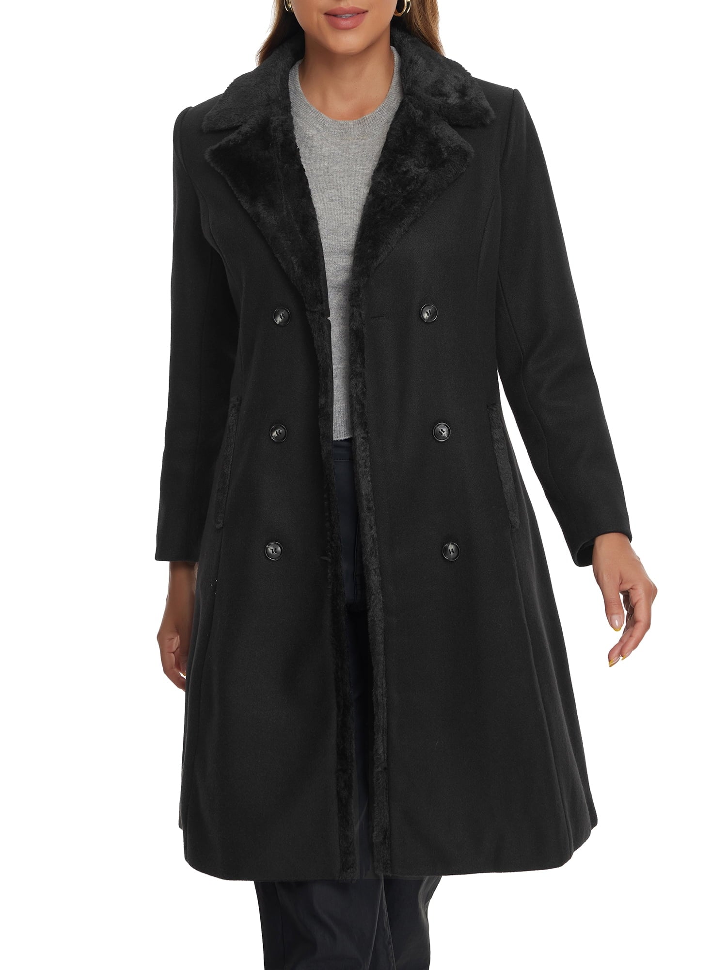 Women's Fashion Faux Fur Lapel Coat Double Breasted Winter Warm Coat