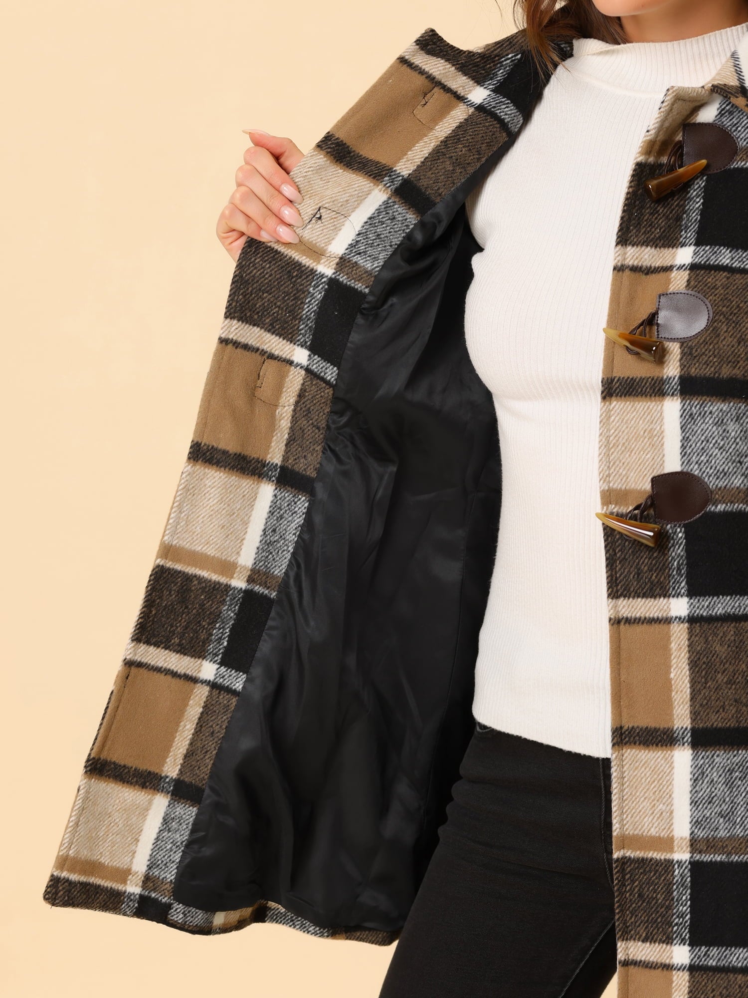Ladies Lapel Plaid Cowhide Long Coat